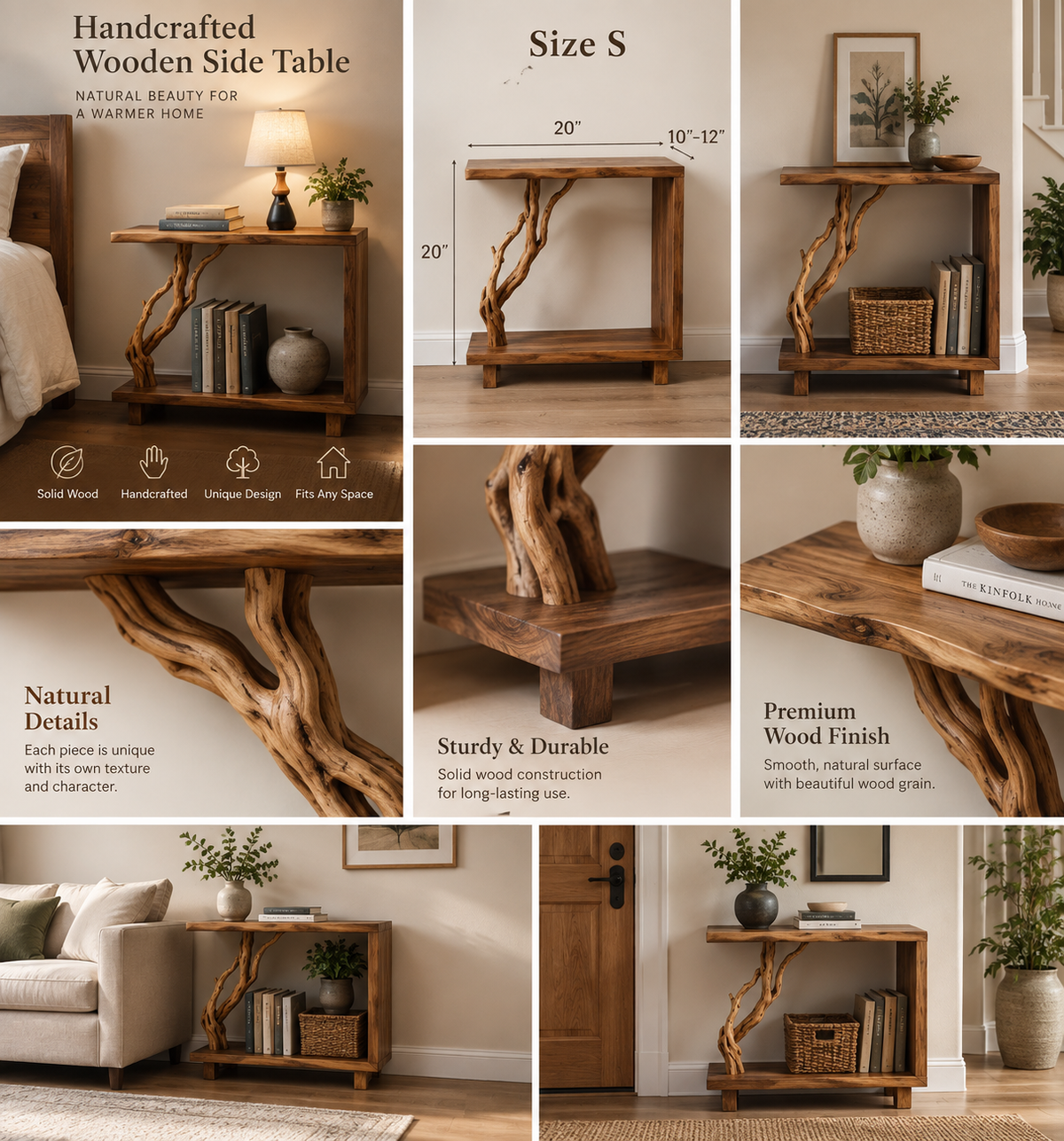 20-Inch Driftwood Bedside Table and Plant Stand