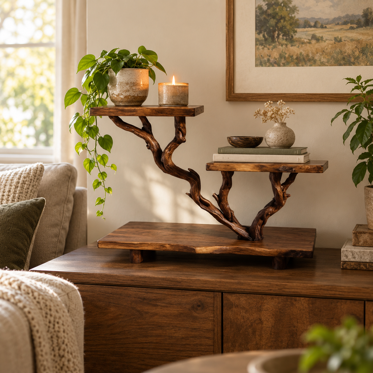 36-Inch Sculptural Driftwood Bedside Shelf