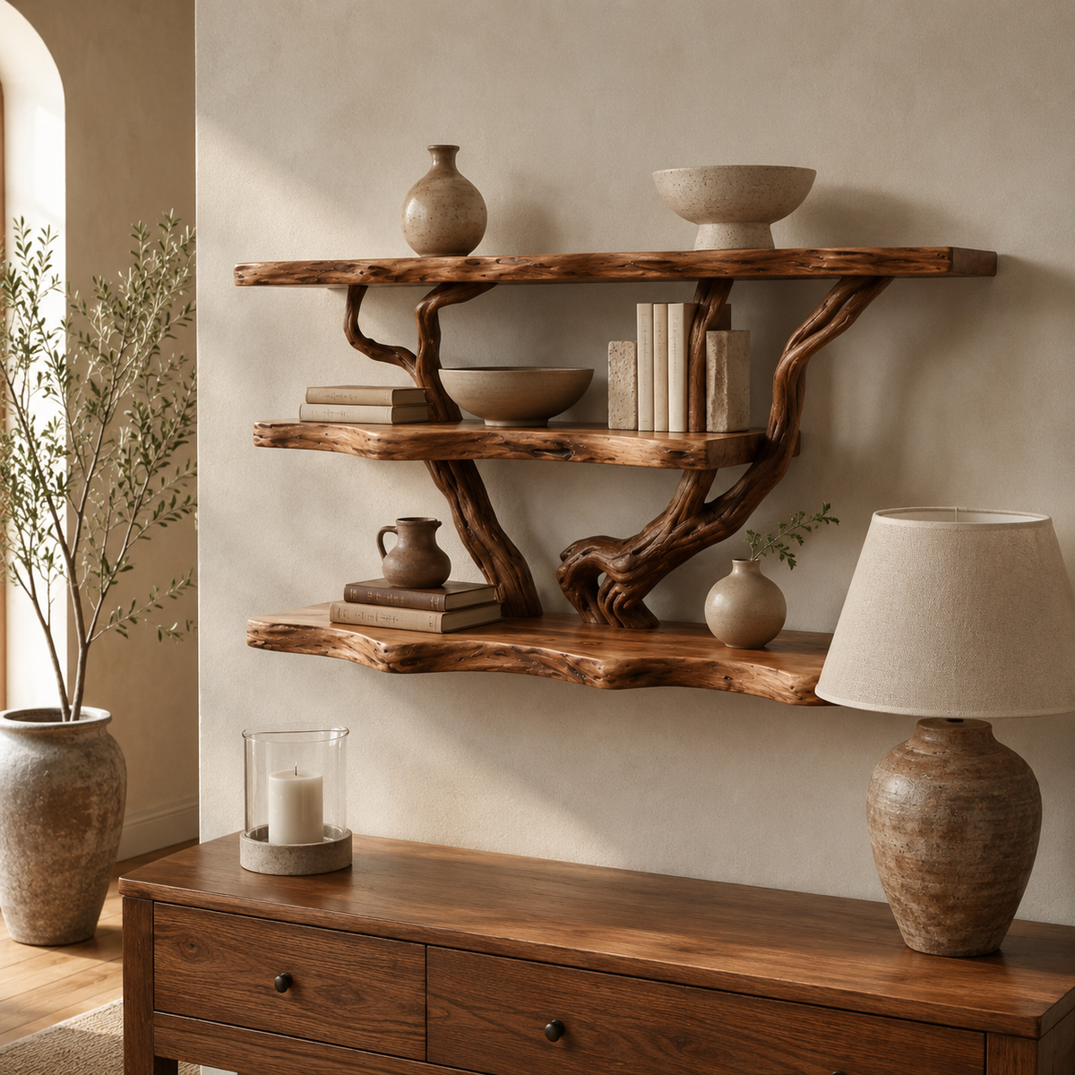 Sculptural Tree Bookshelf – Natural Wood Floating Wall Shelf