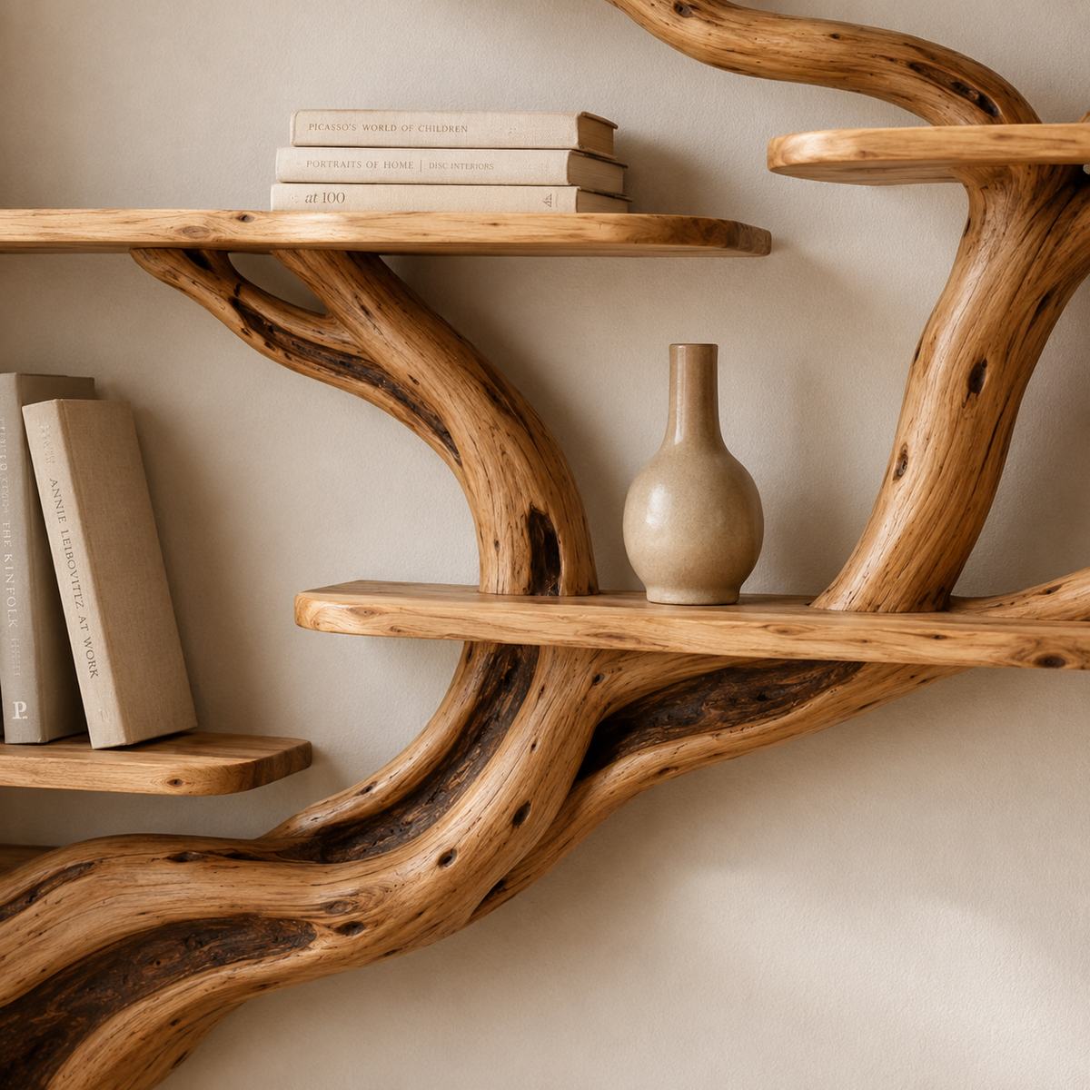 Corner Tree Bookshelf – Solid Wood Branch Wall Shelves