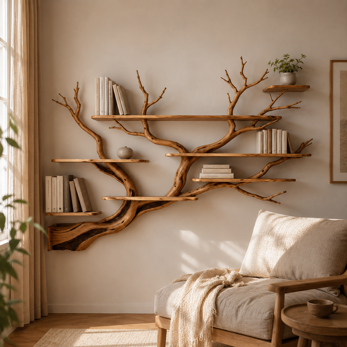 Corner Tree Bookshelf – Solid Wood Branch Wall Shelves