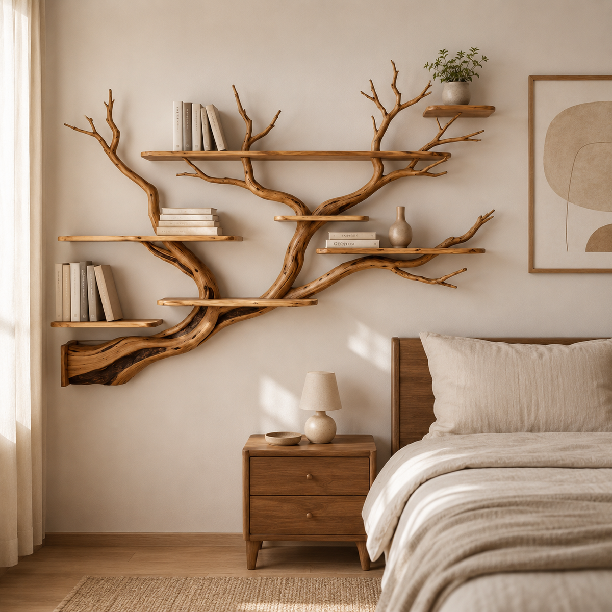 Corner Tree Bookshelf – Solid Wood Branch Wall Shelves