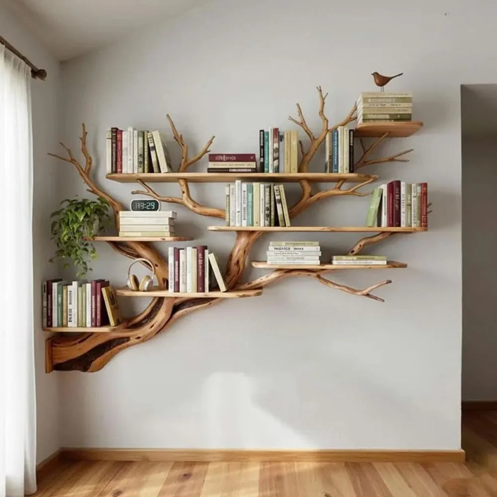 Corner Tree Bookshelf – Solid Wood Branch Wall Shelves