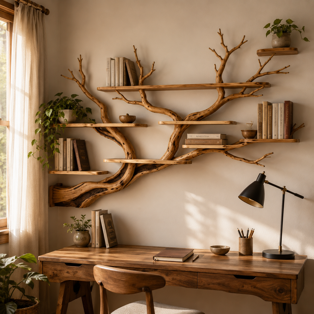 Corner Tree Bookshelf – Solid Wood Branch Wall Shelves