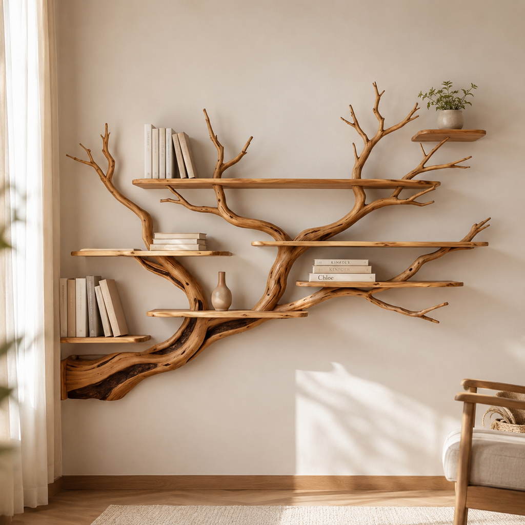 Corner Tree Bookshelf – Solid Wood Branch Wall Shelves