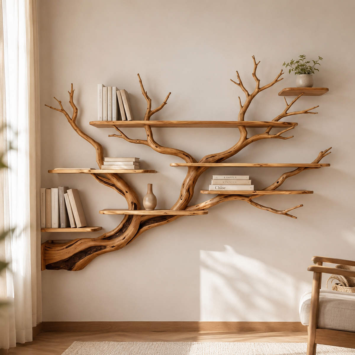 Corner Tree Bookshelf – Solid Wood Branch Wall Shelves
