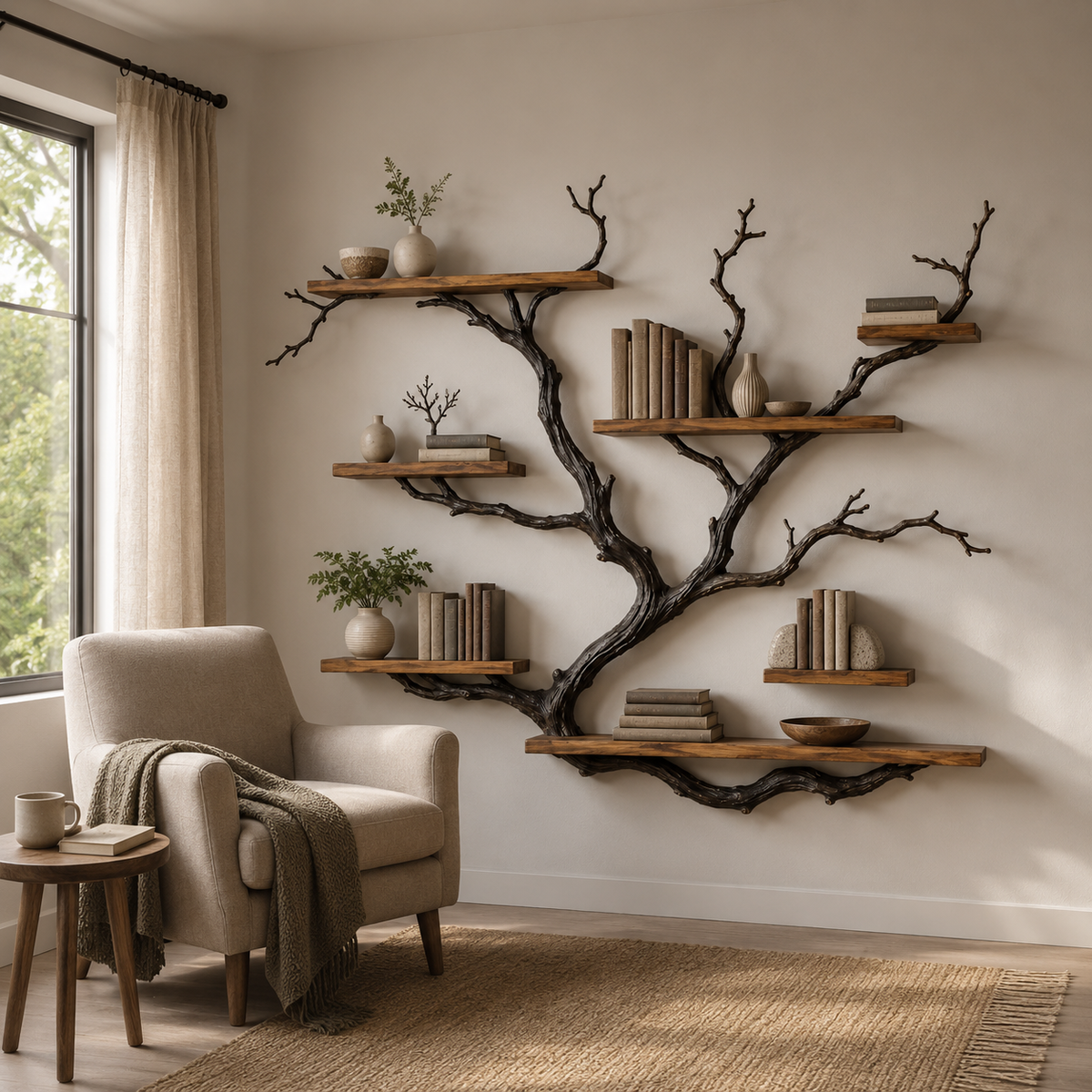 Driftwood Tree Bookshelf – Solid Wood Wall-Mounted Branch Shelf