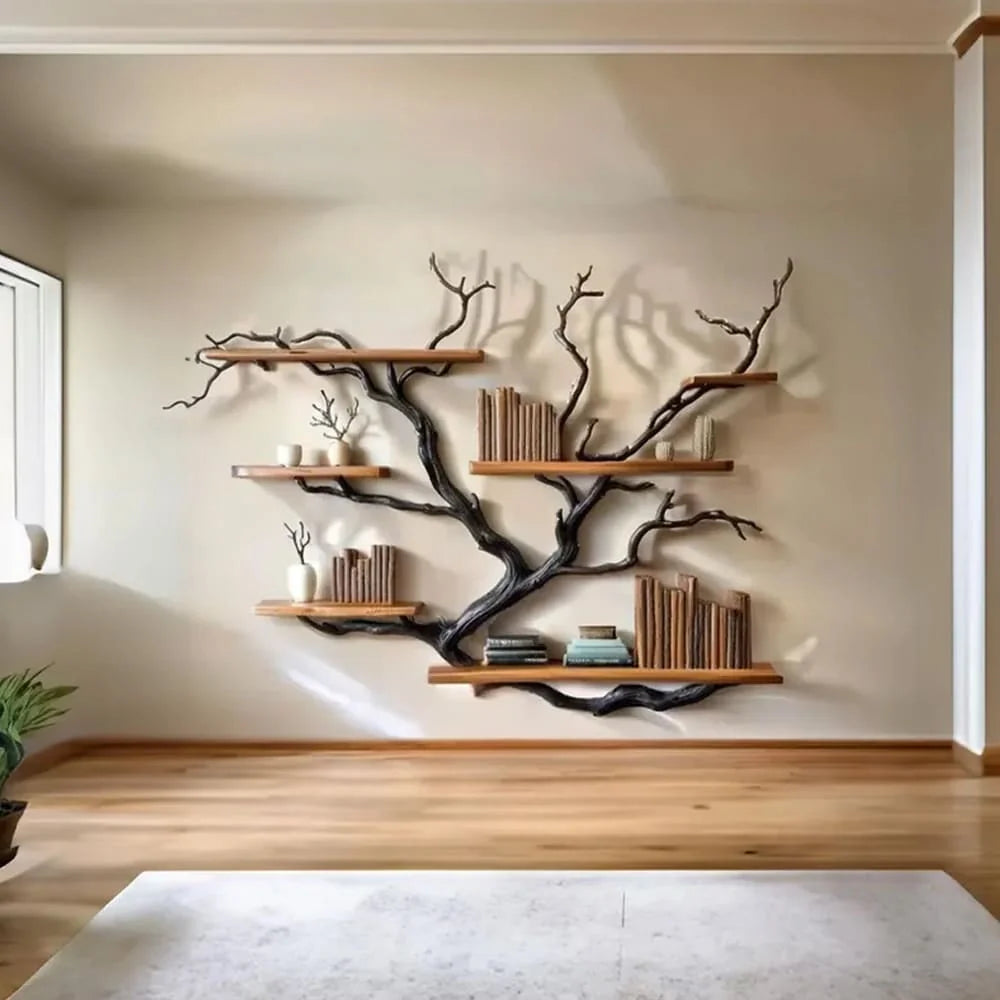 Driftwood Tree Bookshelf – Solid Wood Wall-Mounted Branch Shelf