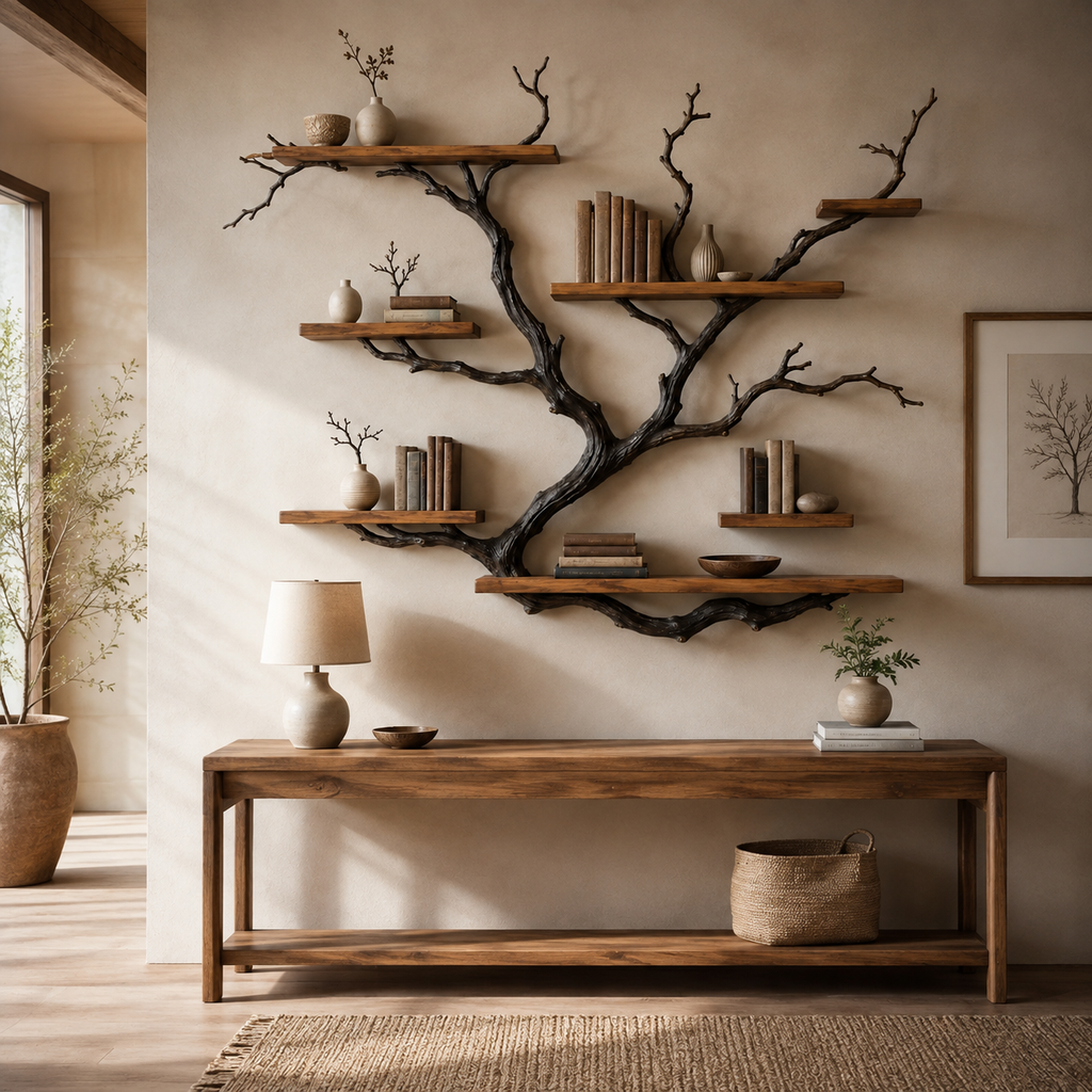 Driftwood Tree Bookshelf – Solid Wood Wall-Mounted Branch Shelf