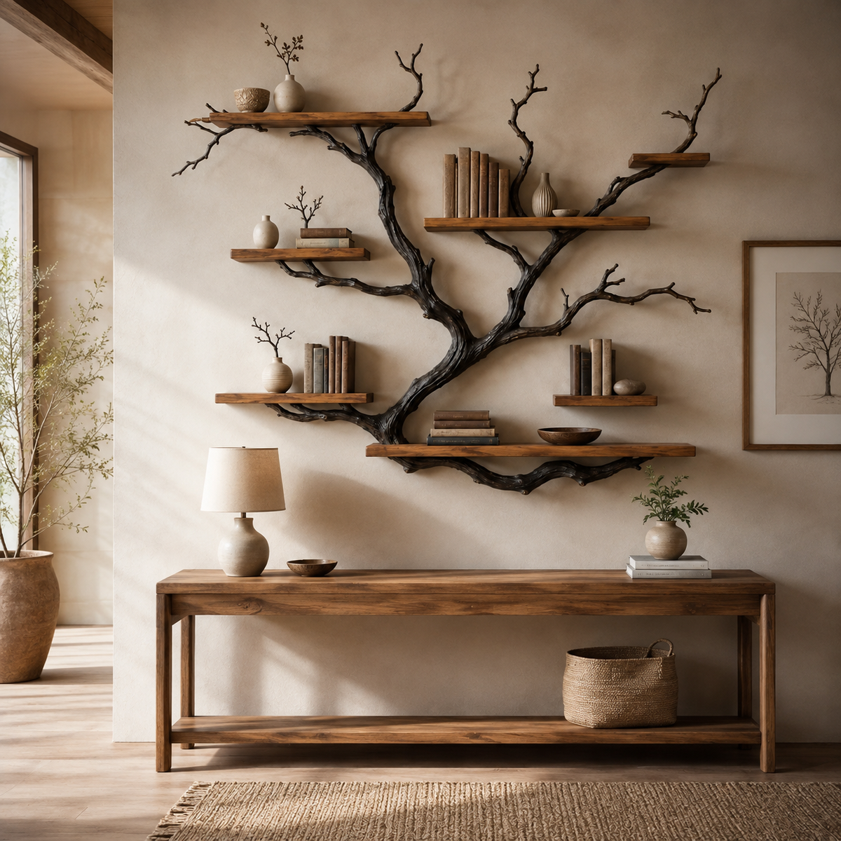 Driftwood Tree Bookshelf – Solid Wood Wall-Mounted Branch Shelf