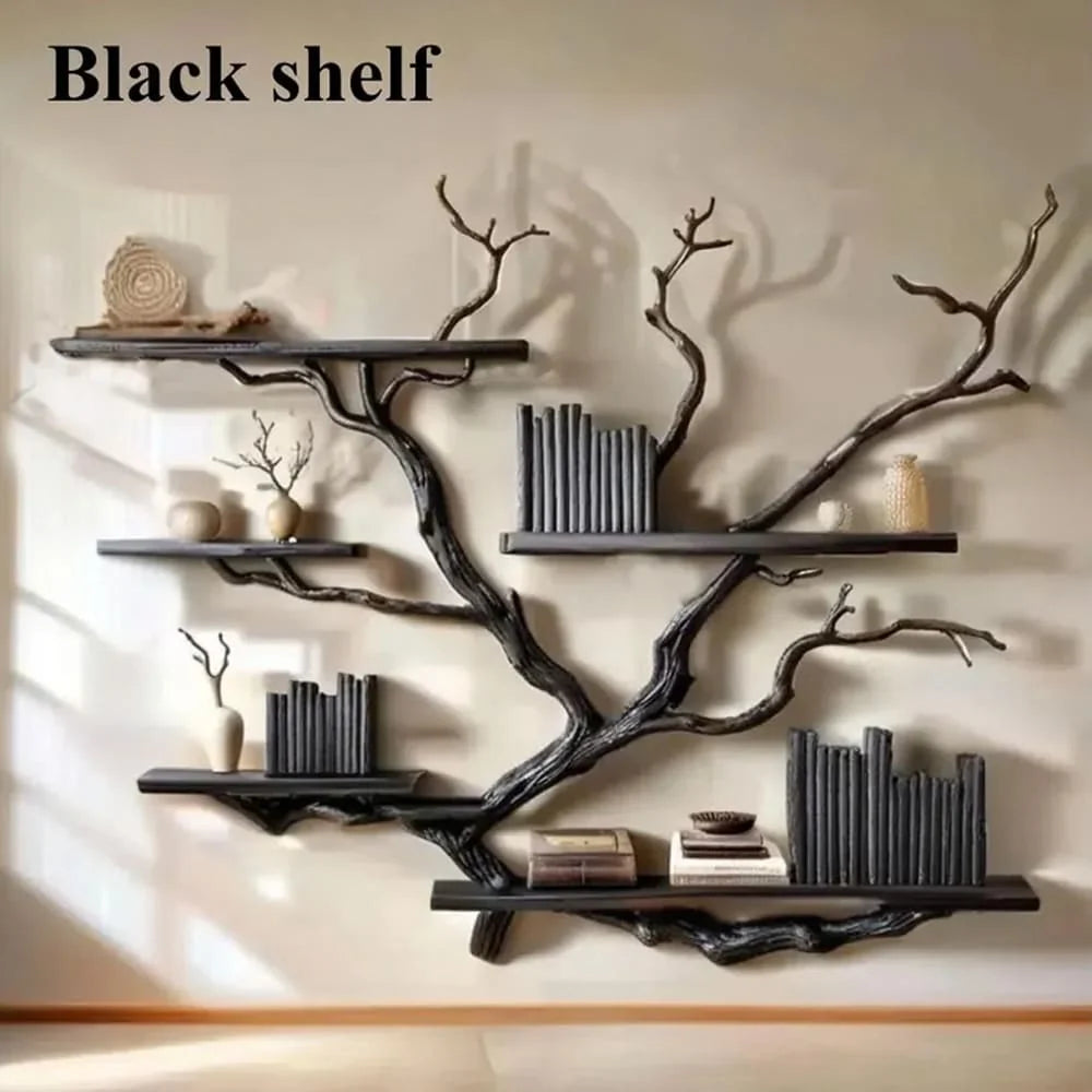 Driftwood Tree Bookshelf – Solid Wood Wall-Mounted Branch Shelf