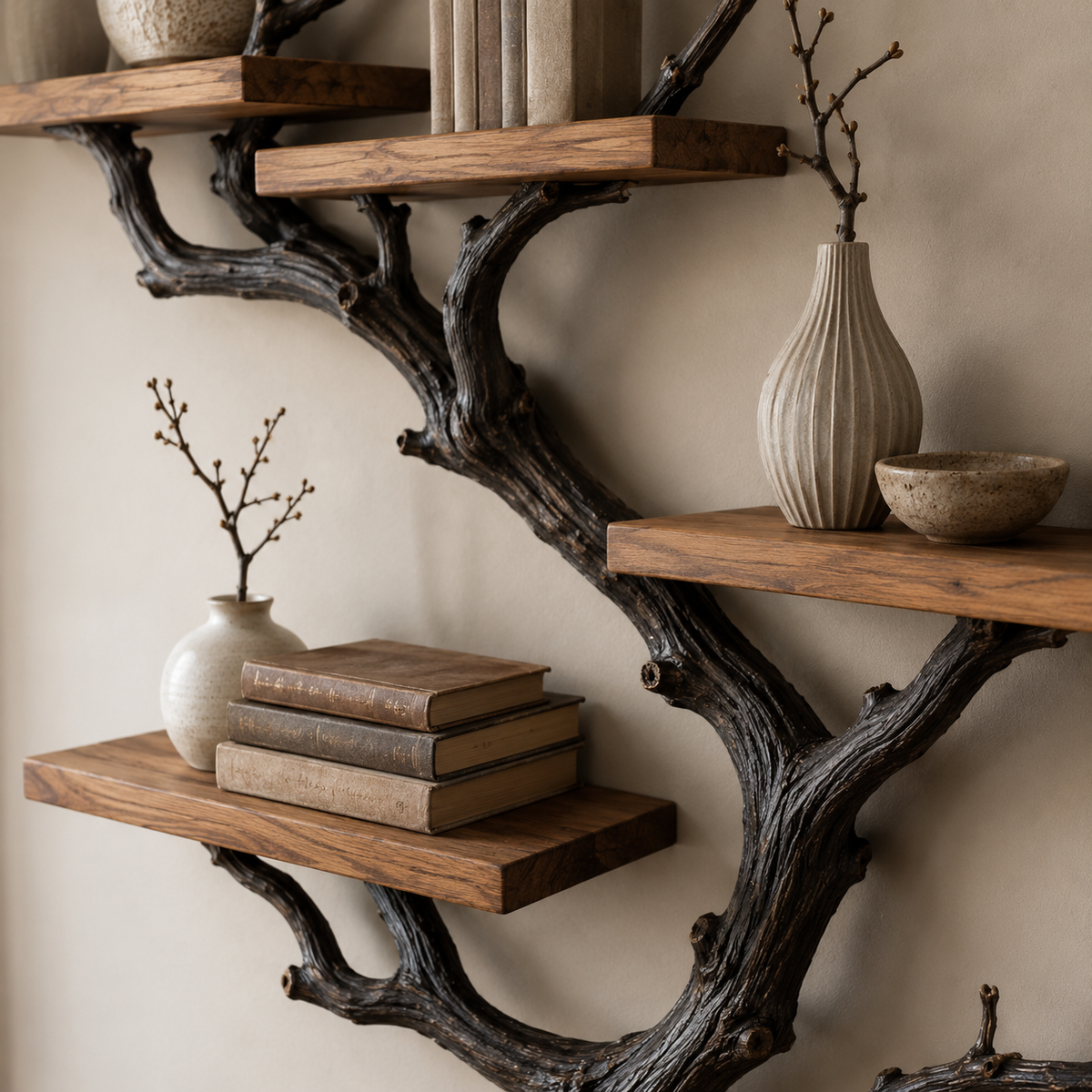 Driftwood Tree Bookshelf – Solid Wood Wall-Mounted Branch Shelf