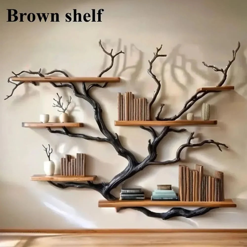 Driftwood Tree Bookshelf – Solid Wood Wall-Mounted Branch Shelf
