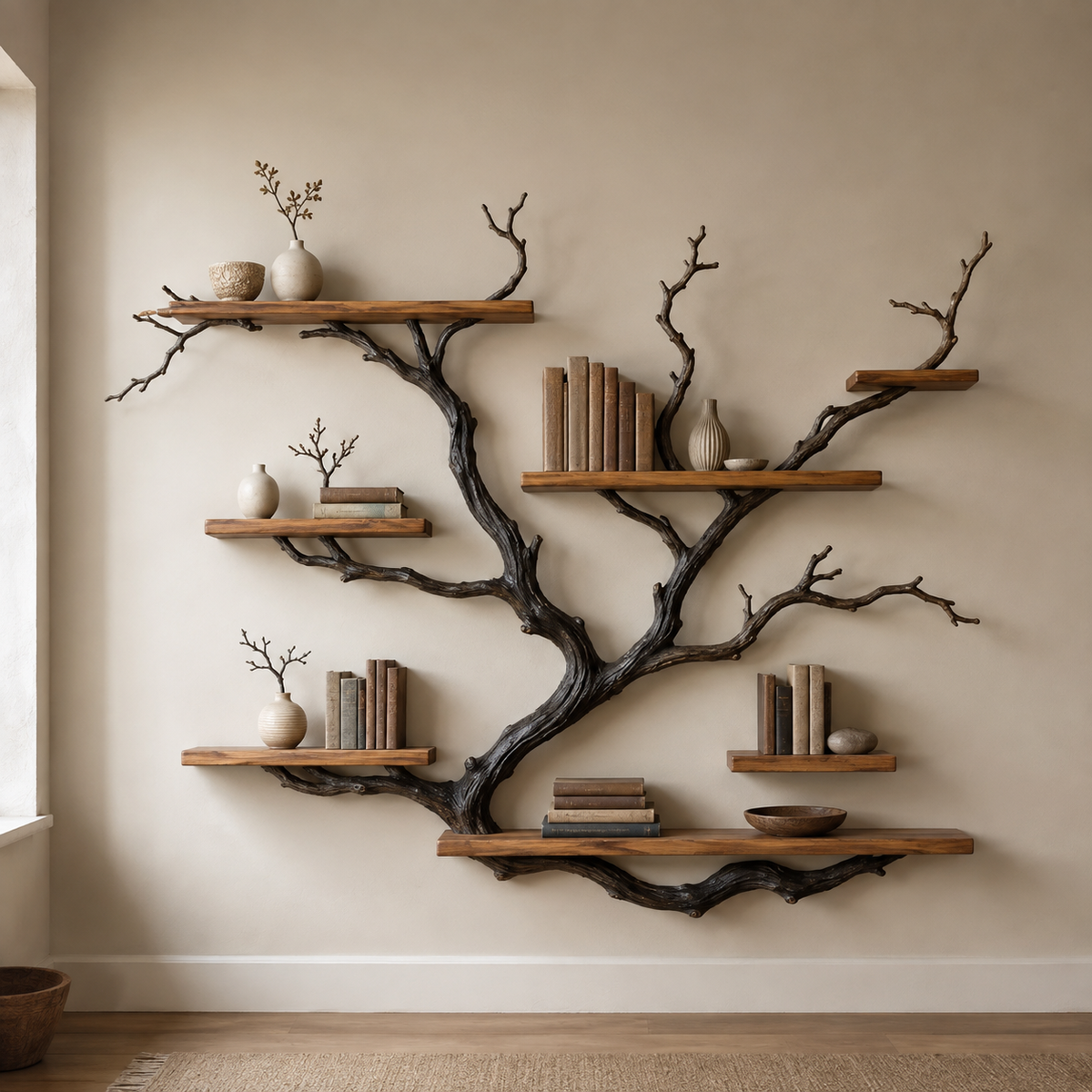 Driftwood Tree Bookshelf – Solid Wood Wall-Mounted Branch Shelf