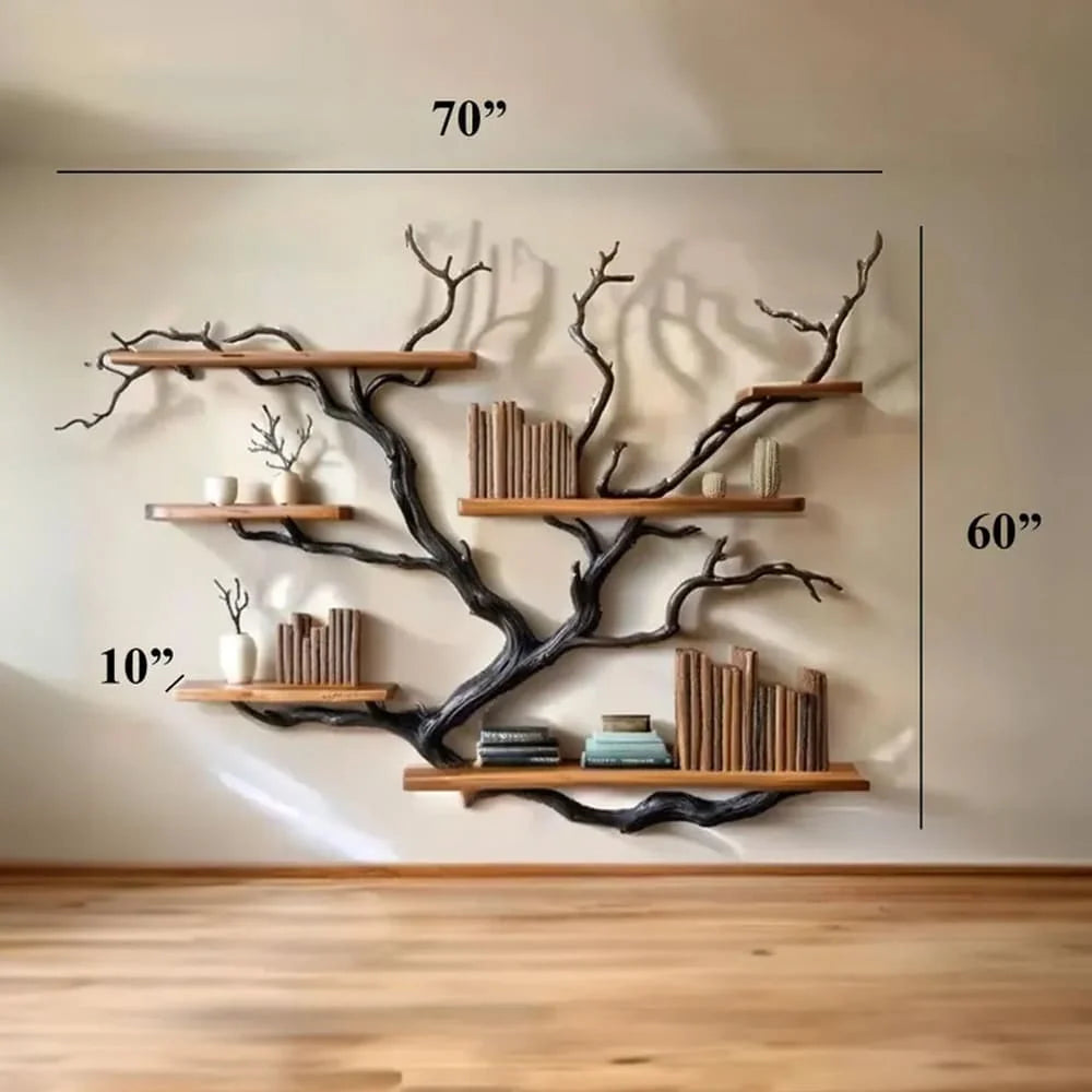 Driftwood Tree Bookshelf – Solid Wood Wall-Mounted Branch Shelf