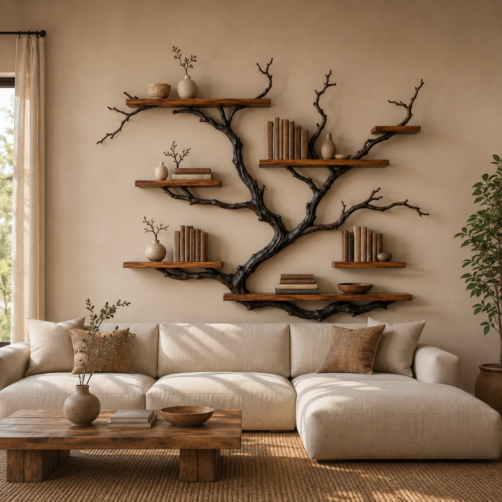 Driftwood Tree Bookshelf – Solid Wood Wall-Mounted Branch Shelf