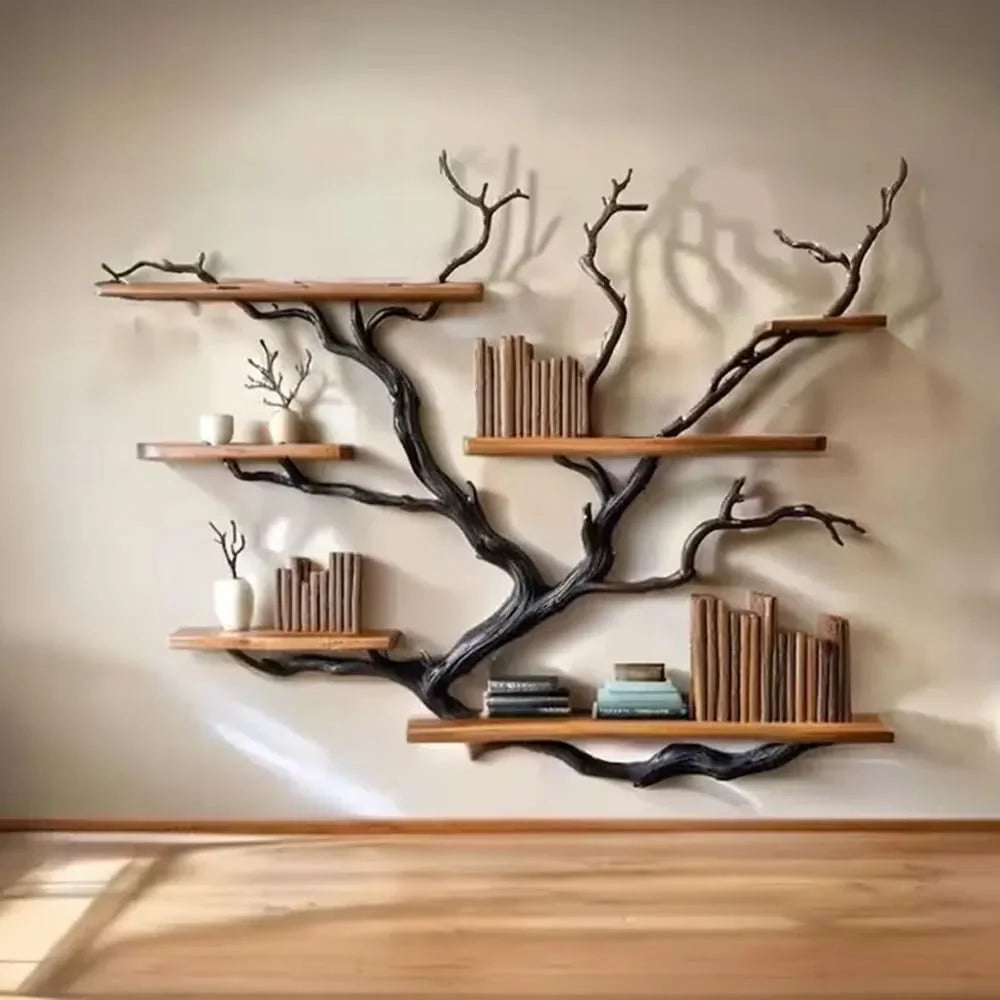 Driftwood Tree Bookshelf – Solid Wood Wall-Mounted Branch Shelf