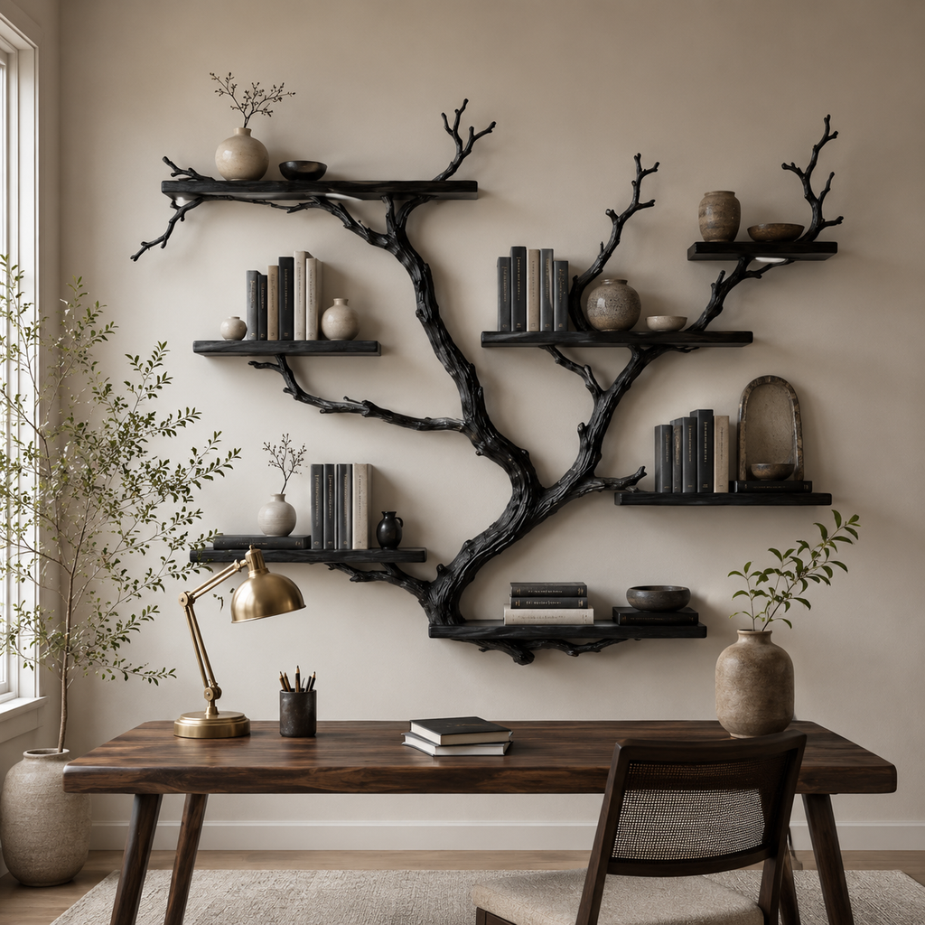 Driftwood Tree Bookshelf – Solid Wood Wall-Mounted Branch Shelf