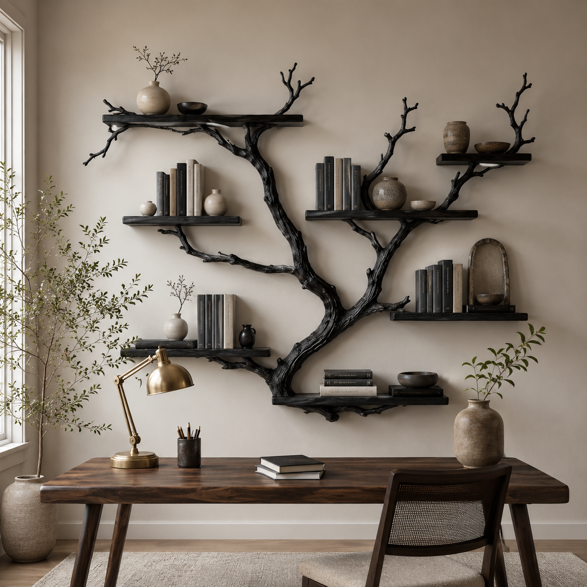 Driftwood Tree Bookshelf – Solid Wood Wall-Mounted Branch Shelf