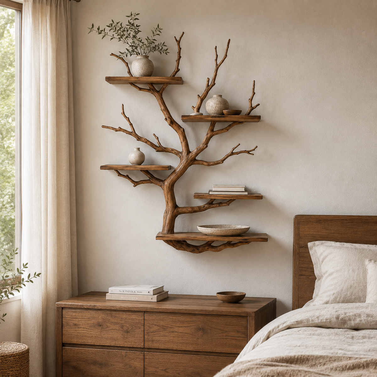 Floating Tree Bookshelf – Natural Wood Branch Wall Shelves