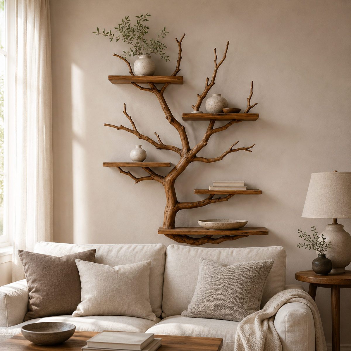 Floating Tree Bookshelf – Natural Wood Branch Wall Shelves