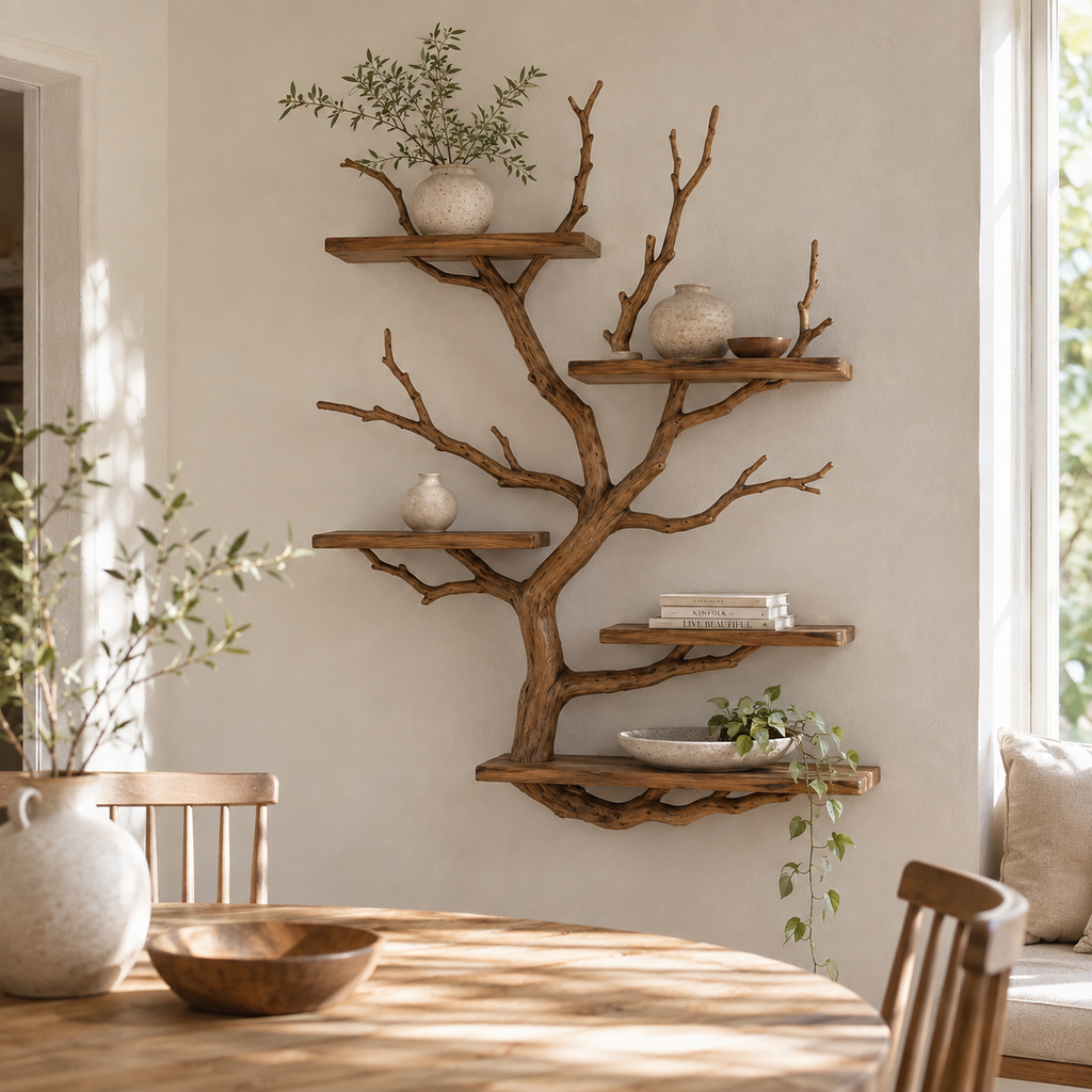Floating Tree Bookshelf – Natural Wood Branch Wall Shelves