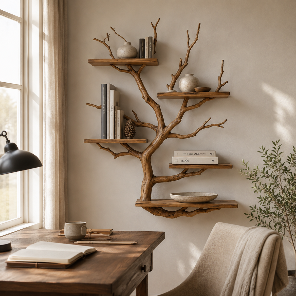 Floating Tree Bookshelf – Natural Wood Branch Wall Shelves