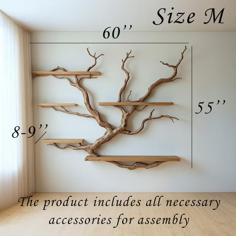 Floating Tree Bookshelf – Natural Wood Branch Wall Shelves