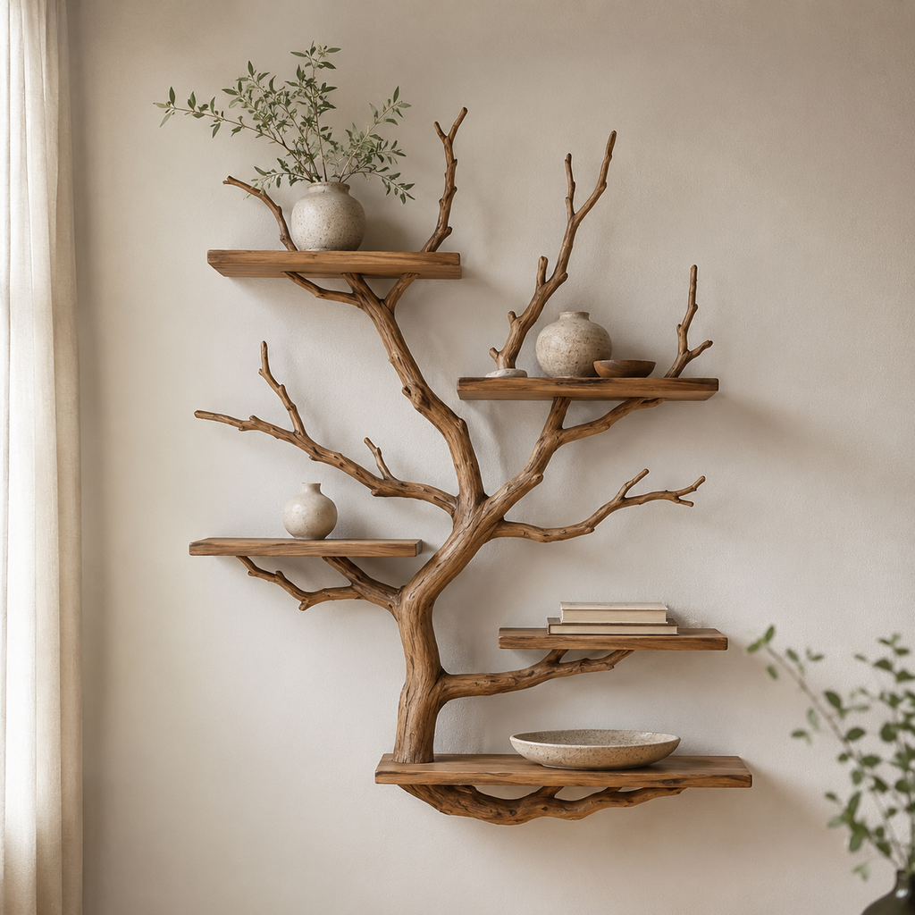 Floating Tree Bookshelf – Natural Wood Branch Wall Shelves