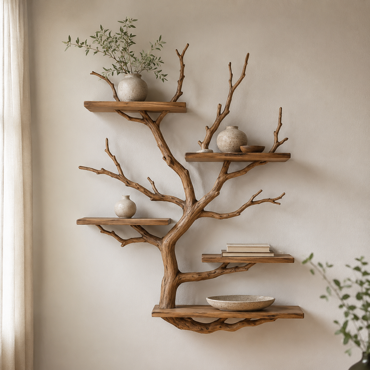 Floating Tree Bookshelf – Natural Wood Branch Wall Shelves