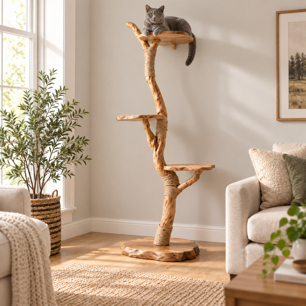 Floor-to-Ceiling Natural Wood Cat Tree Tower with Sisal