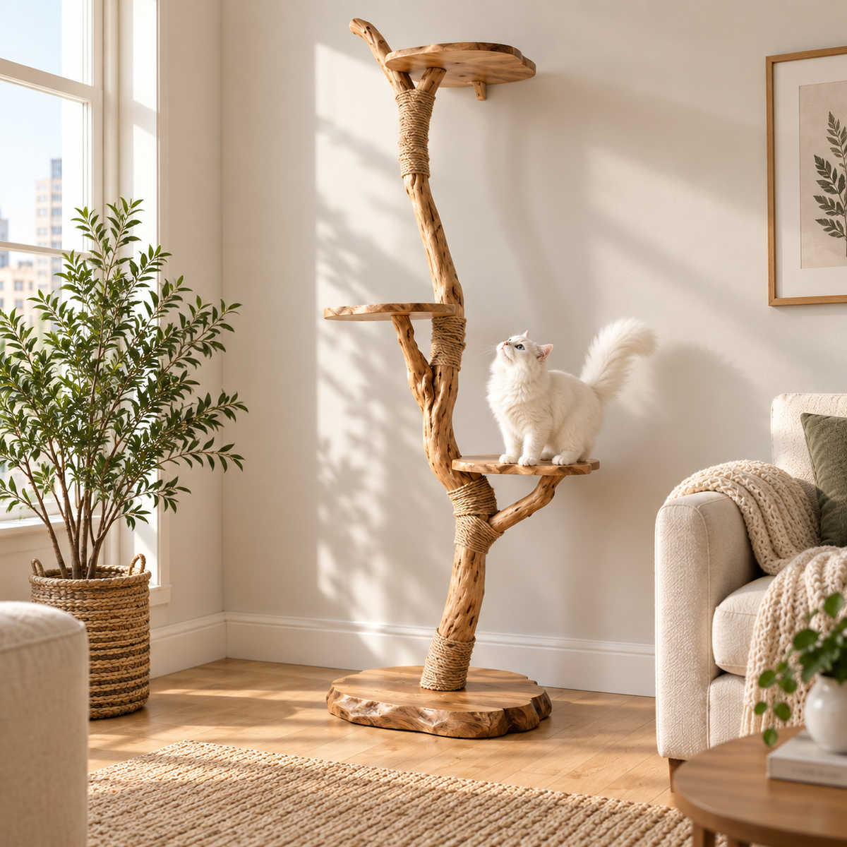 Floor-to-Ceiling Natural Wood Cat Tree Tower with Sisal