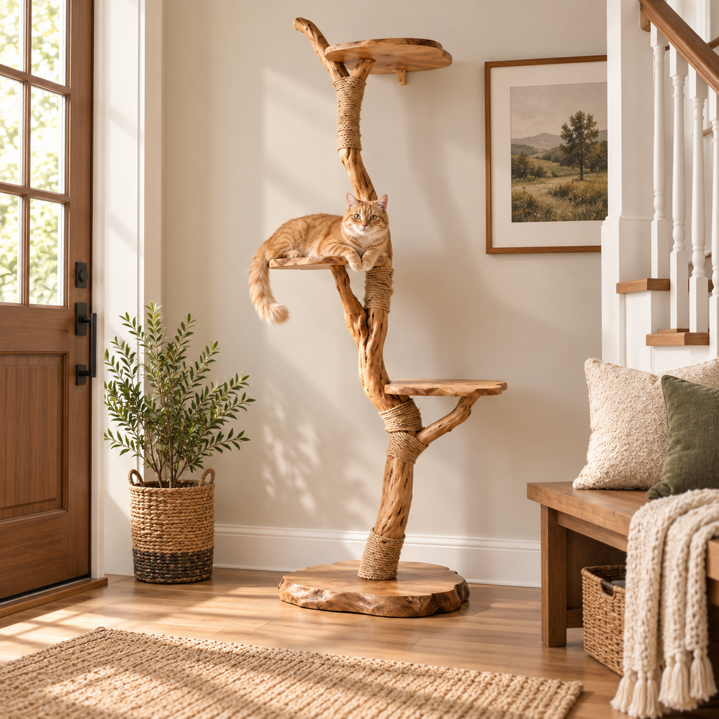 Floor-to-Ceiling Natural Wood Cat Tree Tower with Sisal