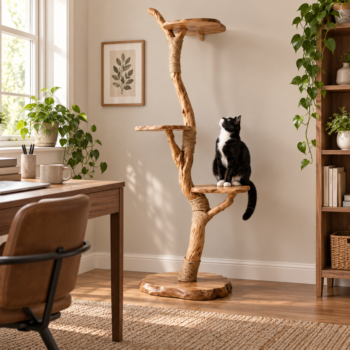 Floor-to-Ceiling Natural Wood Cat Tree Tower with Sisal