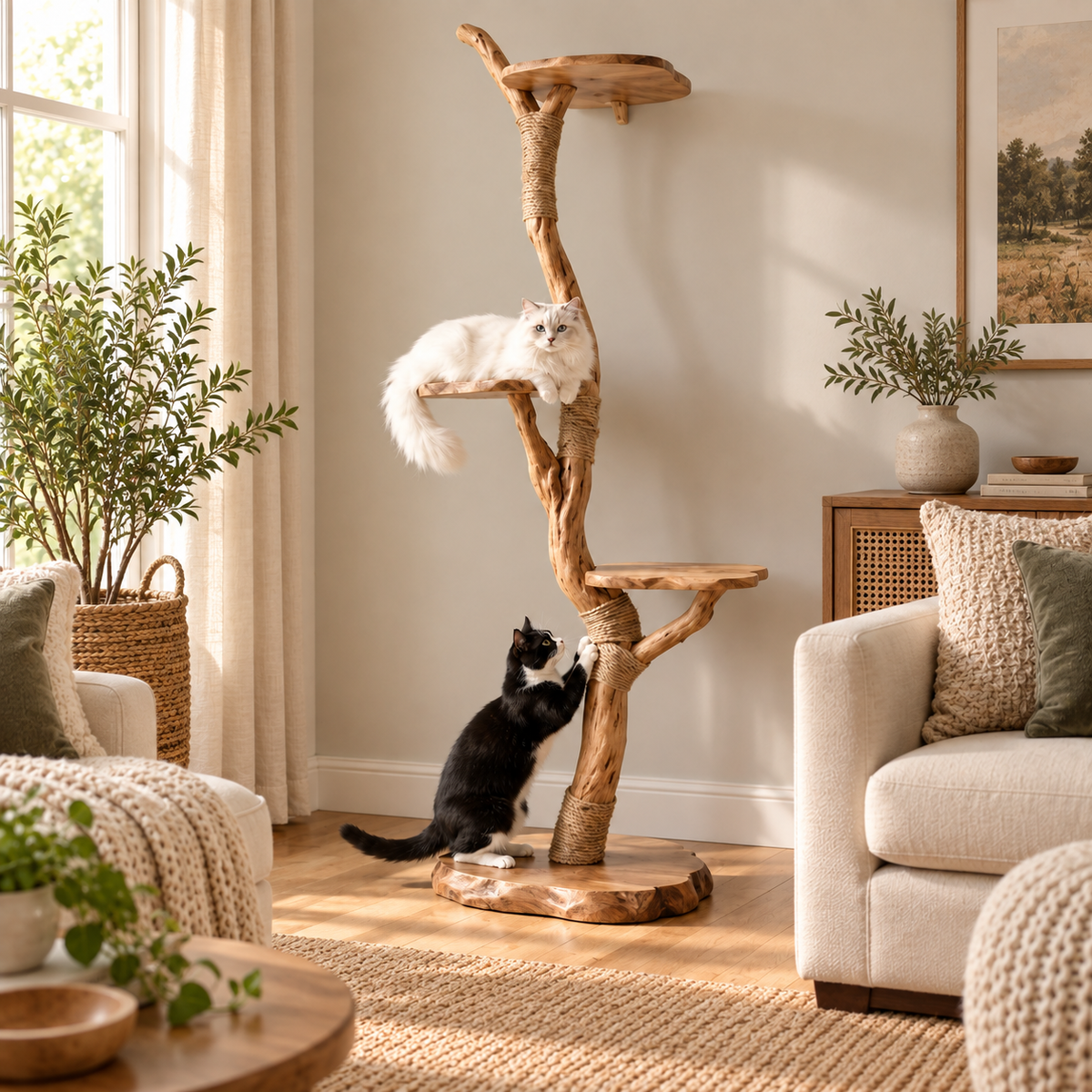 Floor-to-Ceiling Natural Wood Cat Tree Tower with Sisal