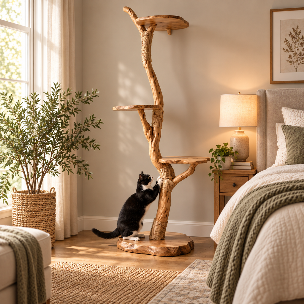 Floor-to-Ceiling Natural Wood Cat Tree Tower with Sisal