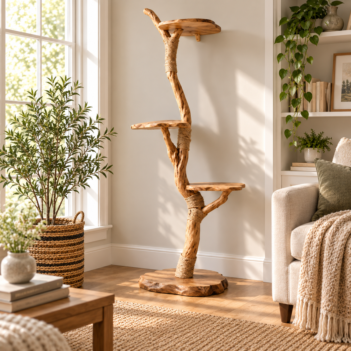 Floor-to-Ceiling Natural Wood Cat Tree Tower with Sisal