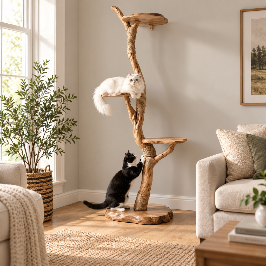 Floor-to-Ceiling Natural Wood Cat Tree Tower with Sisal