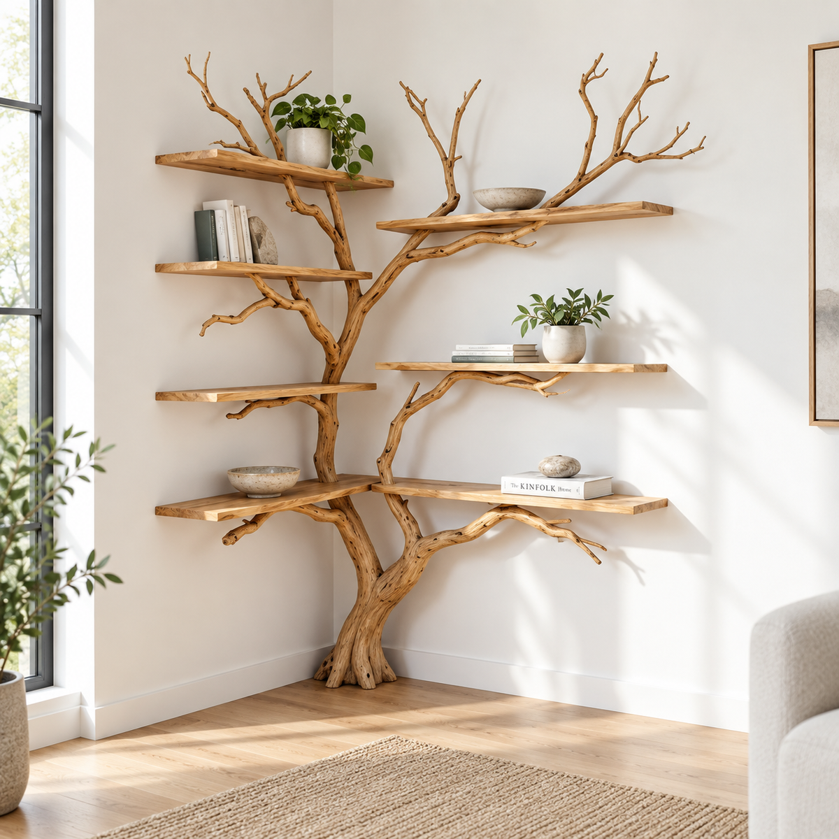 Handcrafted Driftwood Corner Tree Bookshelf
