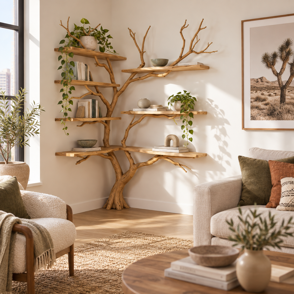 Handcrafted Driftwood Corner Tree Bookshelf