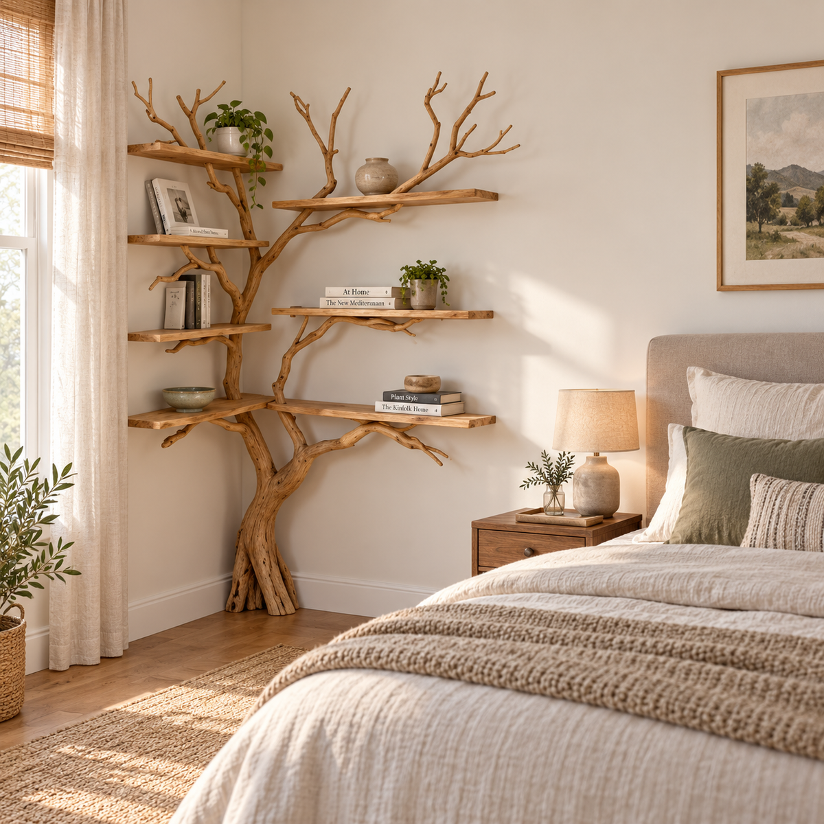 Handcrafted Driftwood Corner Tree Bookshelf