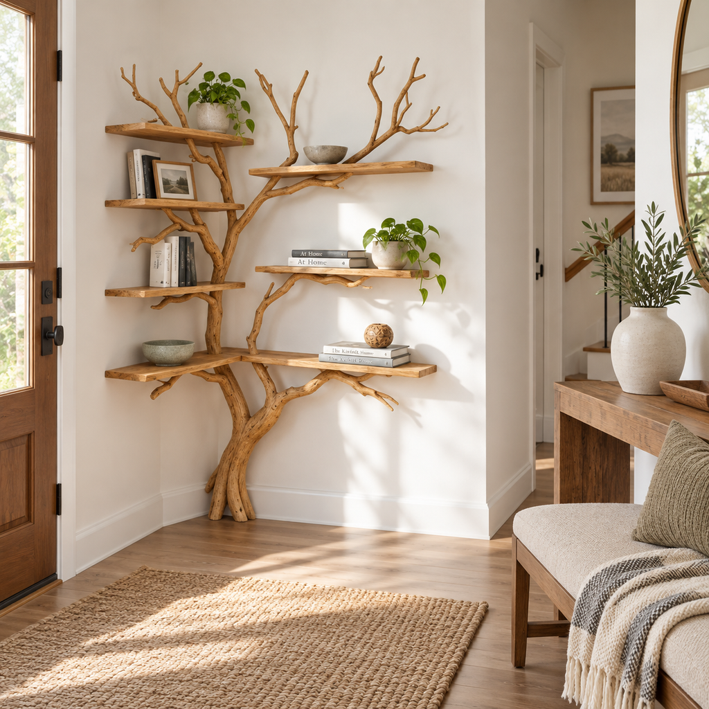 Handcrafted Driftwood Corner Tree Bookshelf