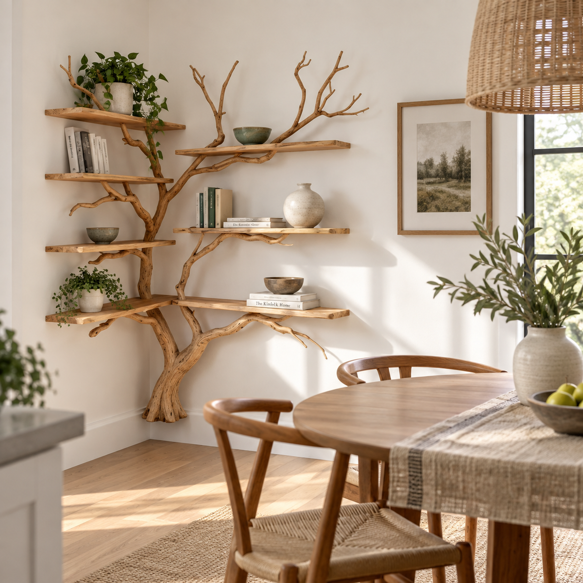 Handcrafted Driftwood Corner Tree Bookshelf