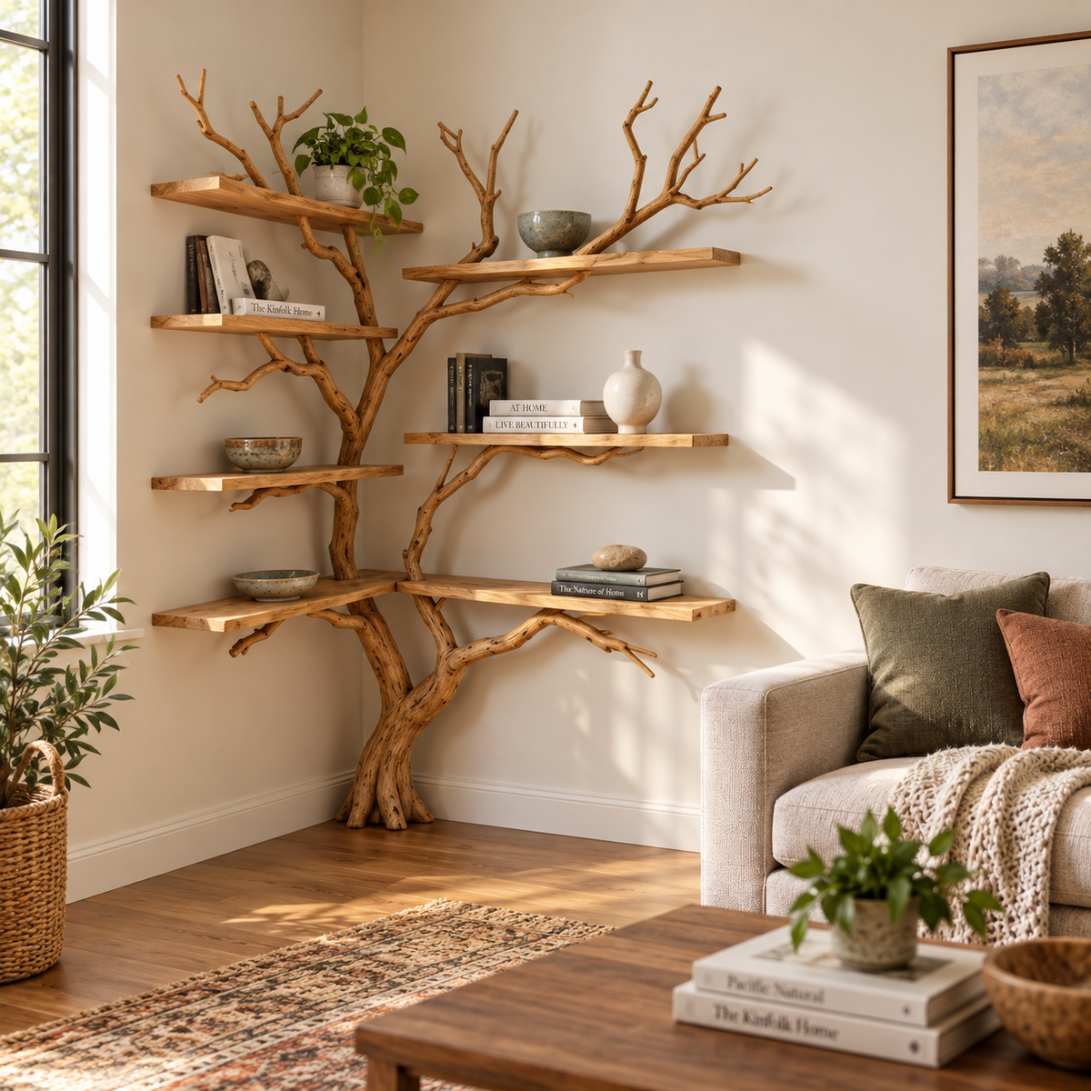 Handcrafted Driftwood Corner Tree Bookshelf