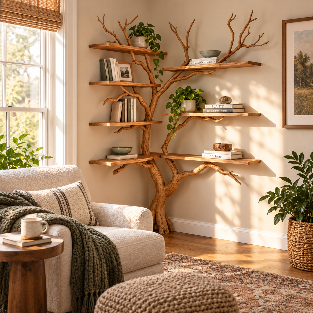 Handcrafted Driftwood Corner Tree Bookshelf