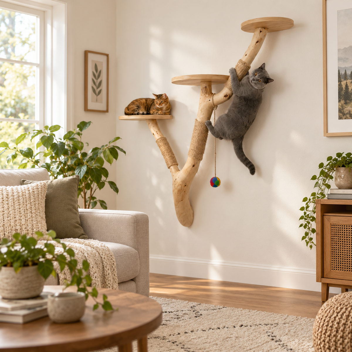Handcrafted Wall-Mounted Natural Wood Cat Tree with Sisal