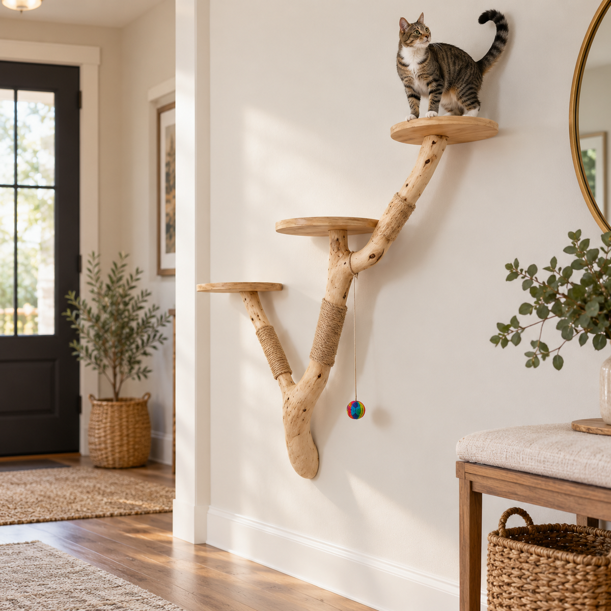 Handcrafted Wall-Mounted Natural Wood Cat Tree with Sisal
