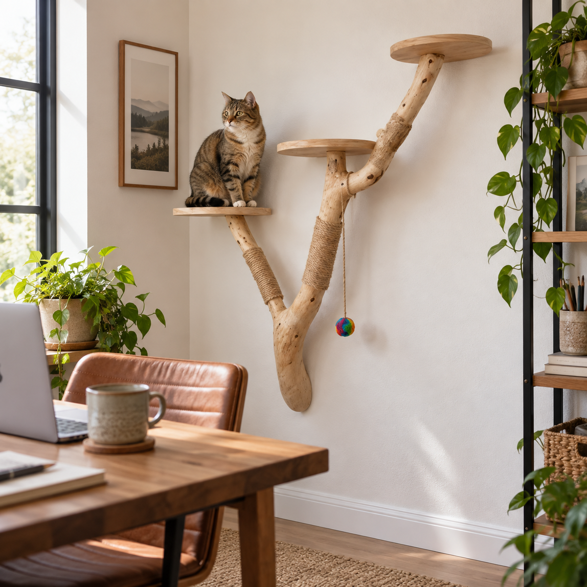 Handcrafted Wall-Mounted Natural Wood Cat Tree with Sisal