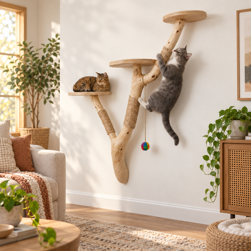 Handcrafted Wall-Mounted Natural Wood Cat Tree with Sisal
