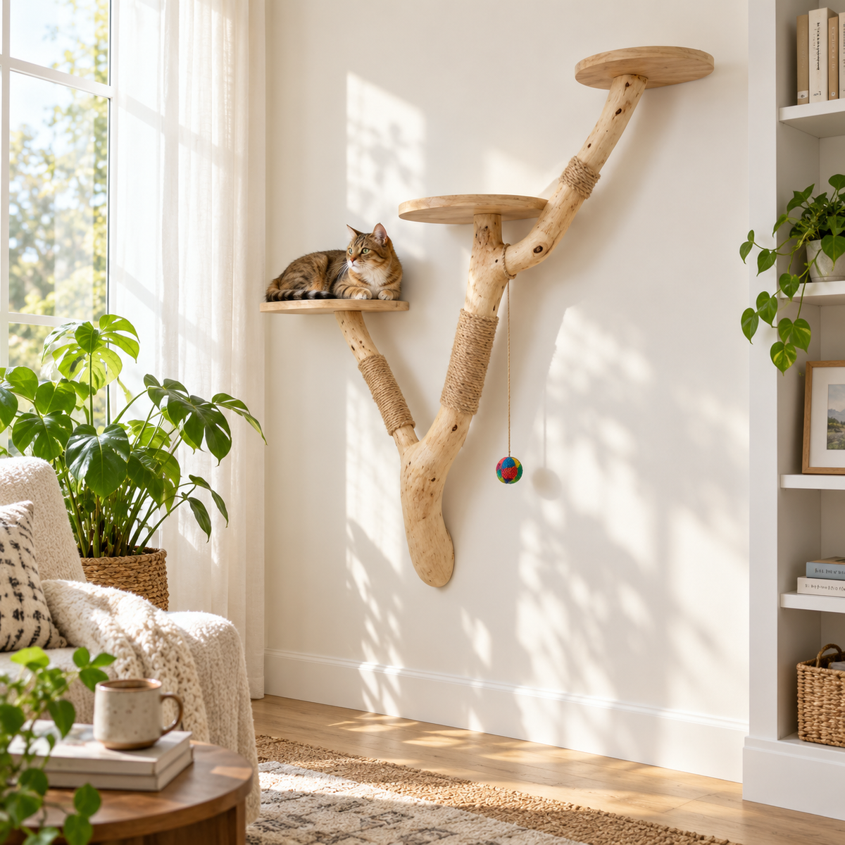 Handcrafted Wall-Mounted Natural Wood Cat Tree with Sisal